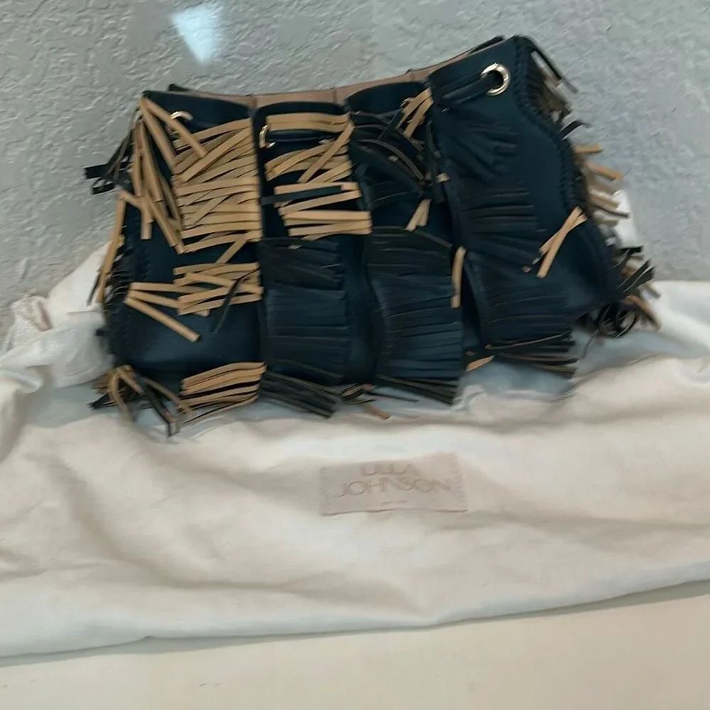 Ulla Johnson Adria Fringe Crossbody Purse Pleated Wave Black Beige Artsy Boho NE - Picture 5 of 13